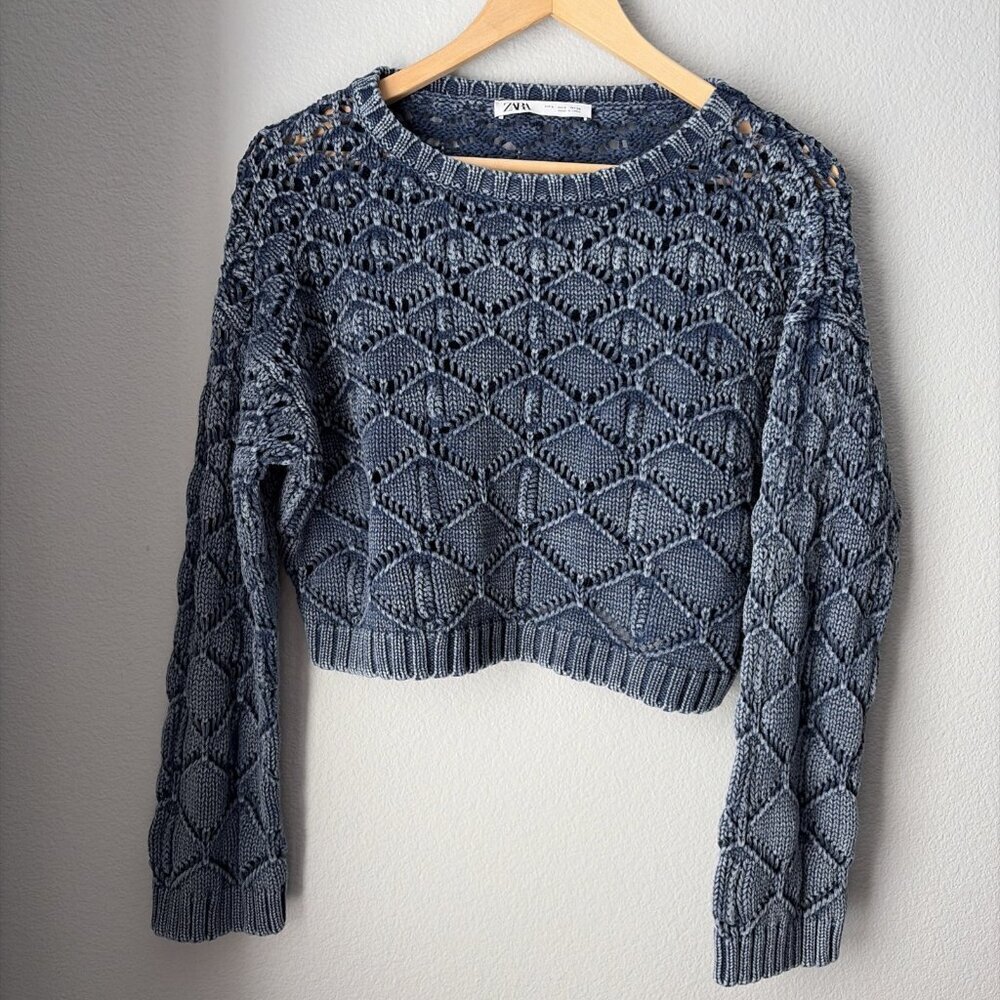 Zara Women's Cropped Crochet Knit Sweater Sz S Faded Blue Boho